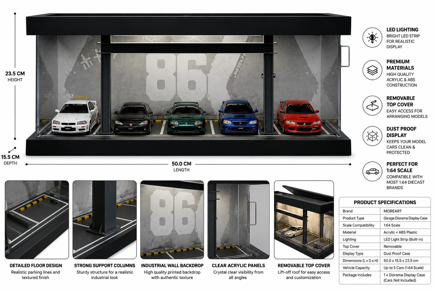 Premium 1:64 Scale LED Garage Display Case with Acrylic Dust Cover | 5-Car Diecast Display Diorama