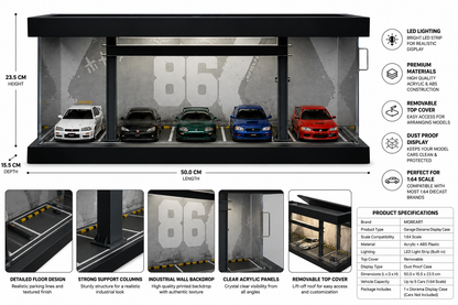 Premium 1:64 Scale LED Garage Display Case with Acrylic Dust Cover | 5-Car Diecast Display Diorama