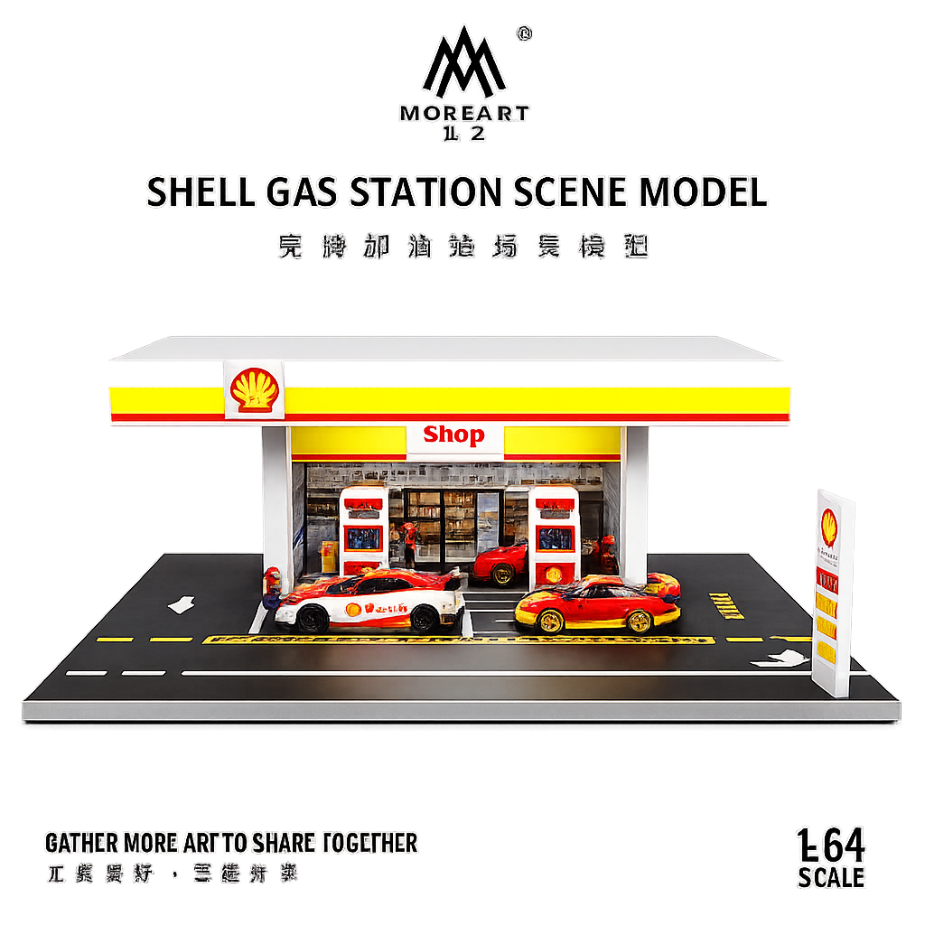 MOREART 1:64 Shell Gas Station Scene Model LED Diorama Display for Diecast Cars | Premium Miniature Display