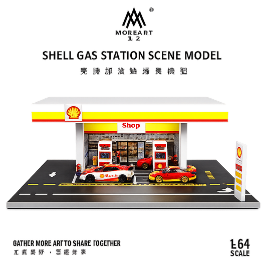 MOREART 1:64 Shell Gas Station Scene Model LED Diorama Display for Diecast Cars | Premium Miniature Display