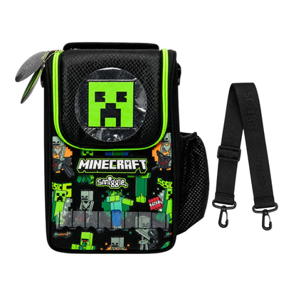 Smiggle Minecraft Double Compartment Insulated Lunch Box with Adjustable Shoulder Strap | Spacious School Lunch Bag for Kids | Black & Green