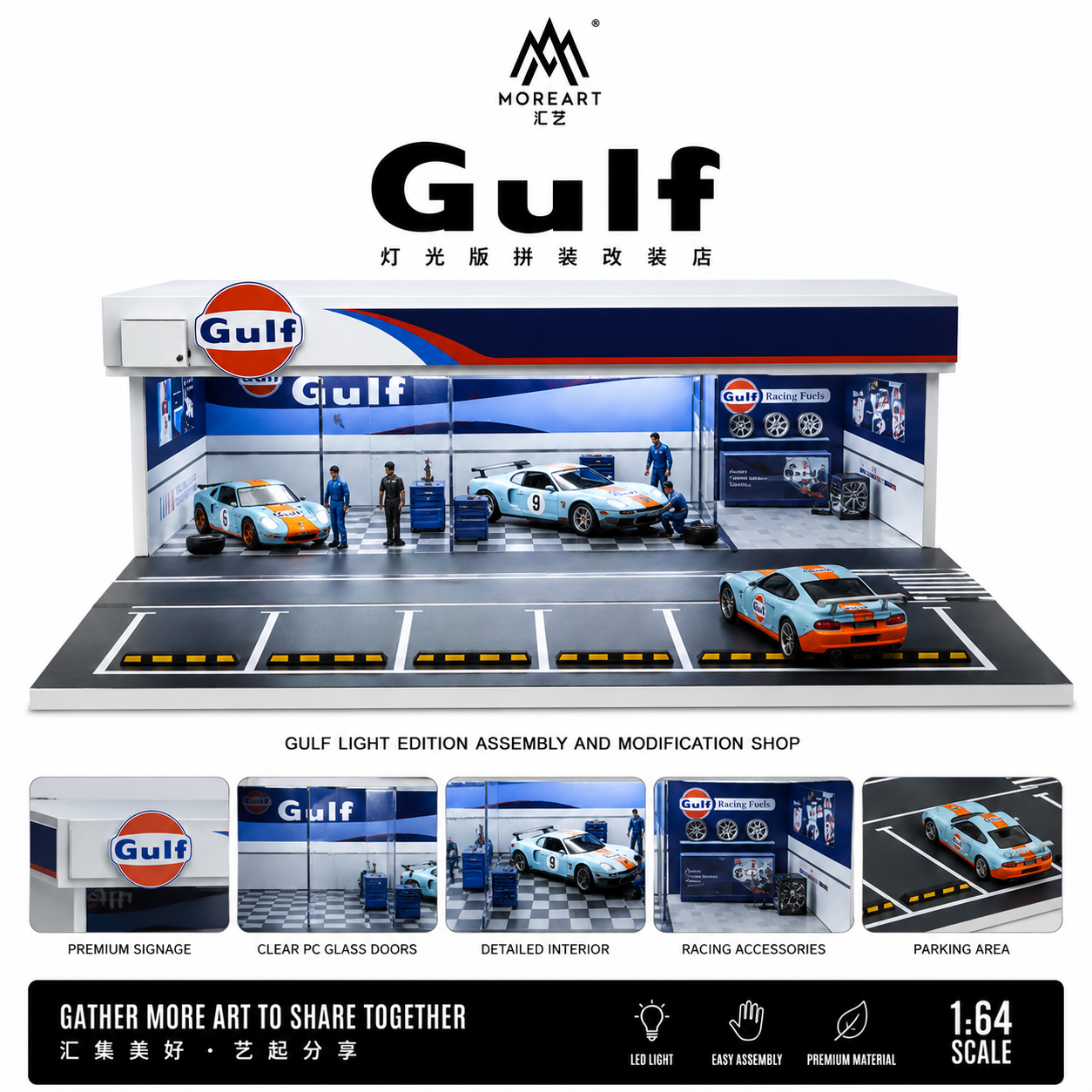MOREART Gulf Service Garage Diorama with LED Lighting | 1:64 Scale Display Scene for Diecast Cars