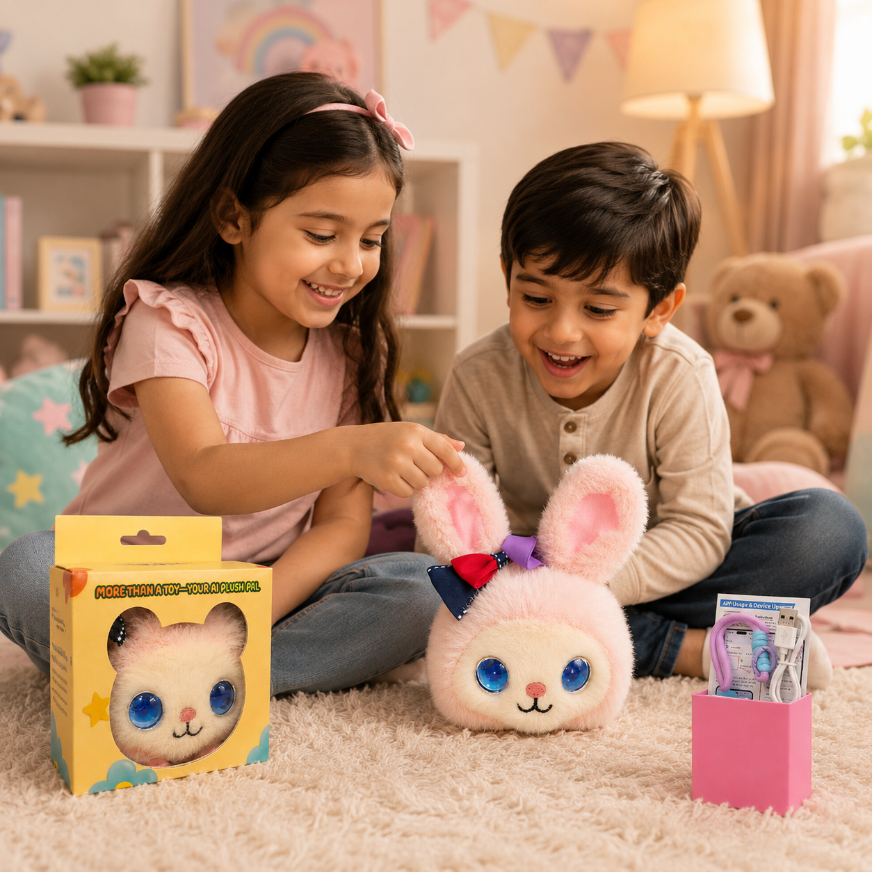 AI Dazi Interactive AI Plush Cute Bunny | Smart AI Table Companion with Animated LED Display Eyes | Intelligent Plush Toy | Rechargeable Soft AI Companion for Kids & Adults