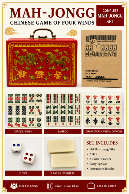 Premium Mah-Jongg Set with 144 Tiles, 2 Dice, 2 Pushers/Racks & Carry Case | Traditional Chinese Mahjong Game for 4 Players
