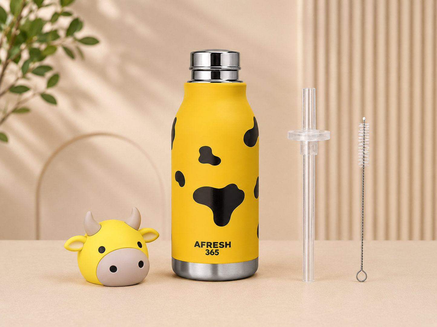 AFRESH 365 Animal Head Collection Cow Stainless Steel Vacuum Insulated Water Bottle 450ml (16oz) with Straw, Cleaning Brush With 3 Colour Variants