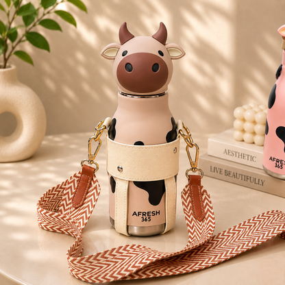 AFRESH 365 Animal Head Collection Cow Stainless Steel Vacuum Insulated Water Bottle 450ml (16oz) with Straw, Cleaning Brush & Carry Strap