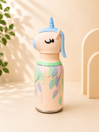 AFRESH 365 Animal Head Collection Unicorn Stainless Steel Vacuum Insulated Water Bottle 450ml (16oz) with Straw & Cleaning Brush
