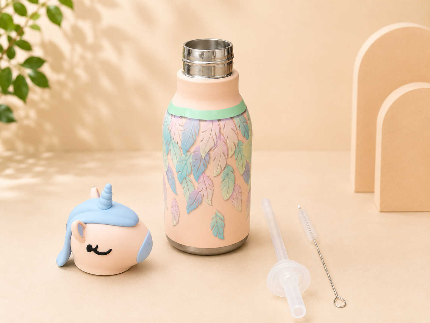 AFRESH 365 Animal Head Collection Unicorn Stainless Steel Vacuum Insulated Water Bottle 450ml (16oz) with Straw & Cleaning Brush