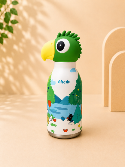 AFRESH 365 Animal Head Collection Parrot Stainless Steel Vacuum Insulated Water Bottle 450ml (16oz) with Straw & Cleaning Brush