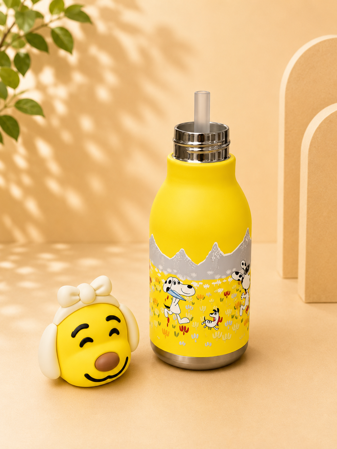 AFRESH 365 Animal Head Collection Puppy Stainless Steel Vacuum Insulated Water Bottle 450ml (16oz) with Straw & Cleaning Brush