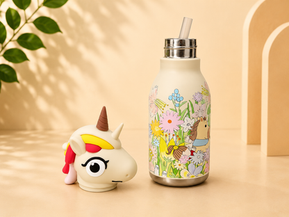 AFRESH 365 Animal Head Collection Unicorn Stainless Steel Vacuum Insulated Water Bottle 450ml (16oz) with Straw & Cleaning Brush