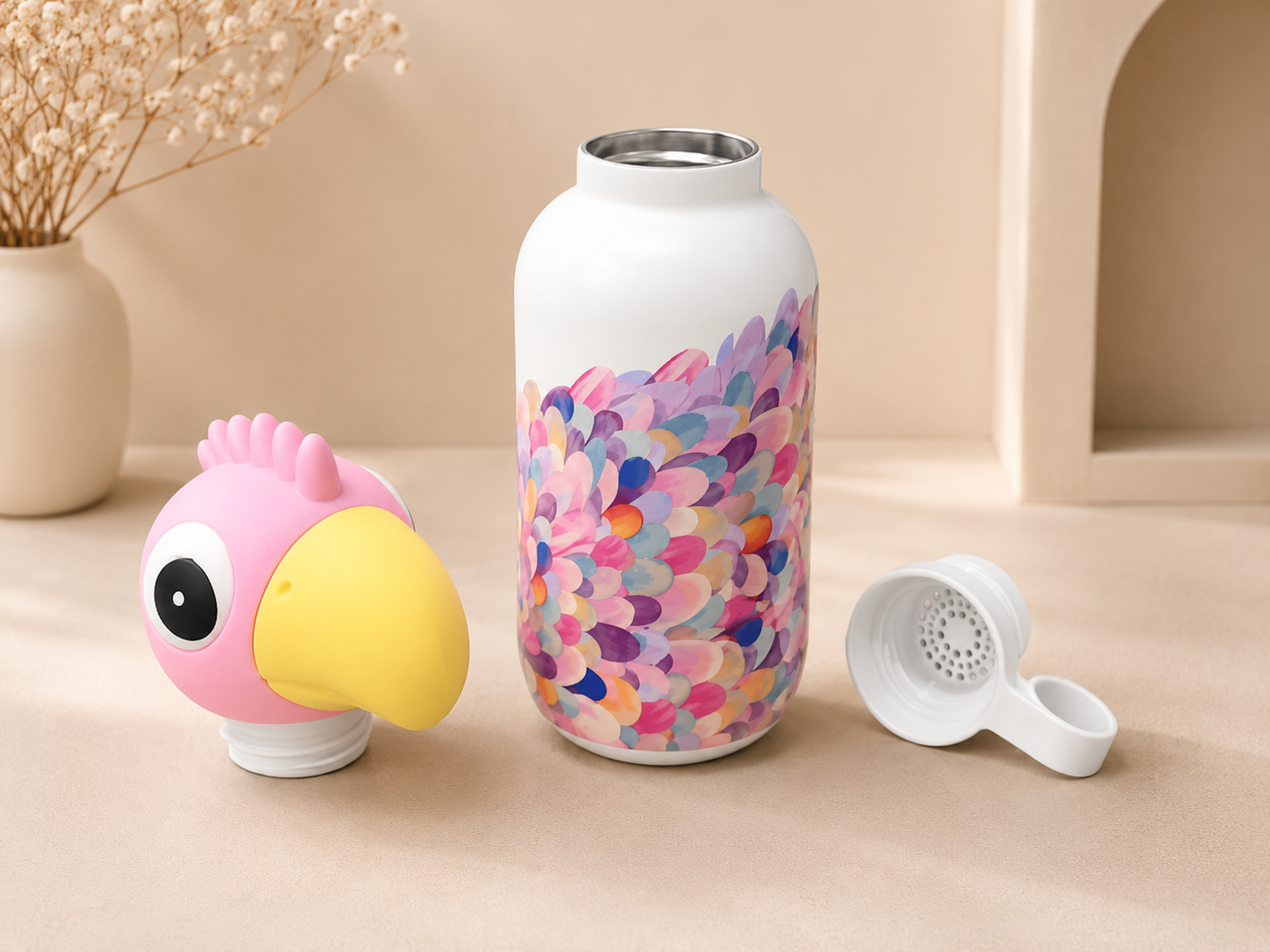 AFRESH 365 Animal Head Collection Pink Parrot Stainless Steel Vacuum Insulated Water Bottle 450ml (16oz) with Tea Infuser Filter
