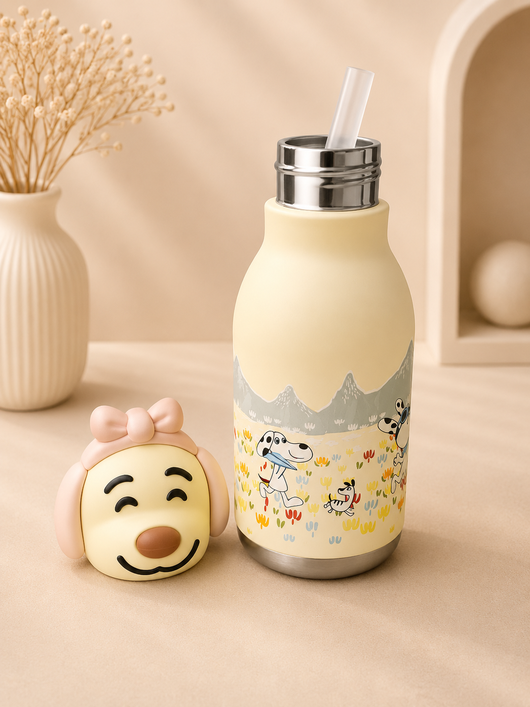 AFRESH 365 Animal Head Collection Puppy Stainless Steel Vacuum Insulated Water Bottle 450ml (16oz) with Straw & Cleaning Brush