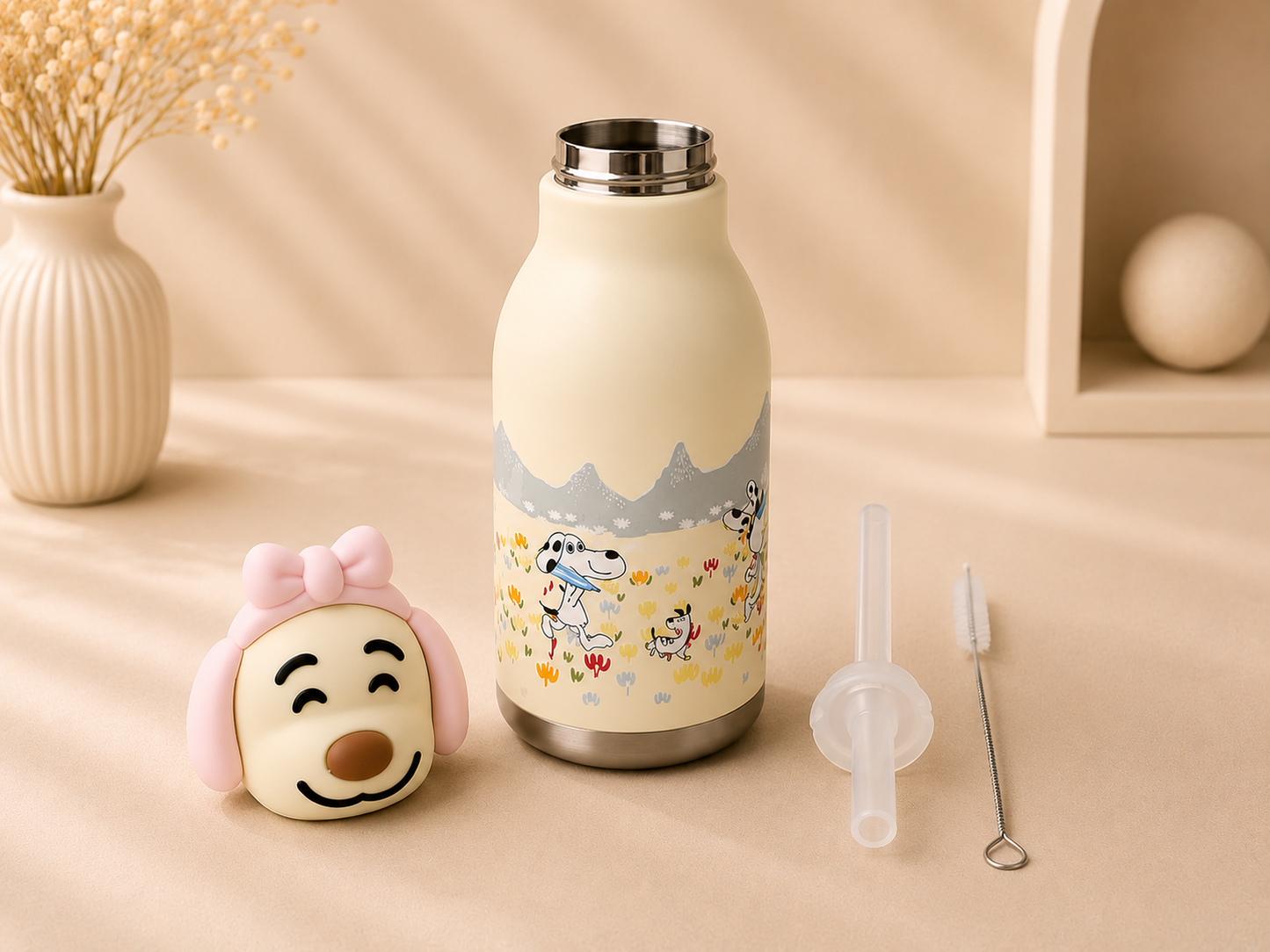 AFRESH 365 Animal Head Collection Puppy Stainless Steel Vacuum Insulated Water Bottle 450ml (16oz) with Straw & Cleaning Brush