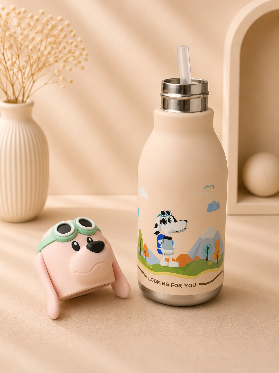 AFRESH 365 Animal Head Collection Puppy Stainless Steel Vacuum Insulated Water Bottle 450ml (16oz) with Straw & Cleaning Brush