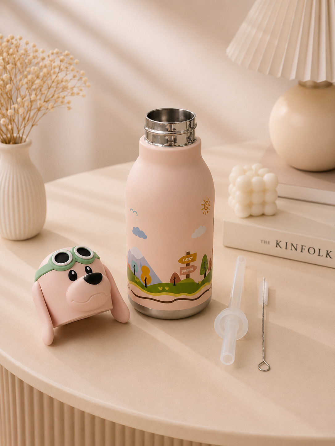 AFRESH 365 Animal Head Collection Puppy Stainless Steel Vacuum Insulated Water Bottle 450ml (16oz) with Straw & Cleaning Brush