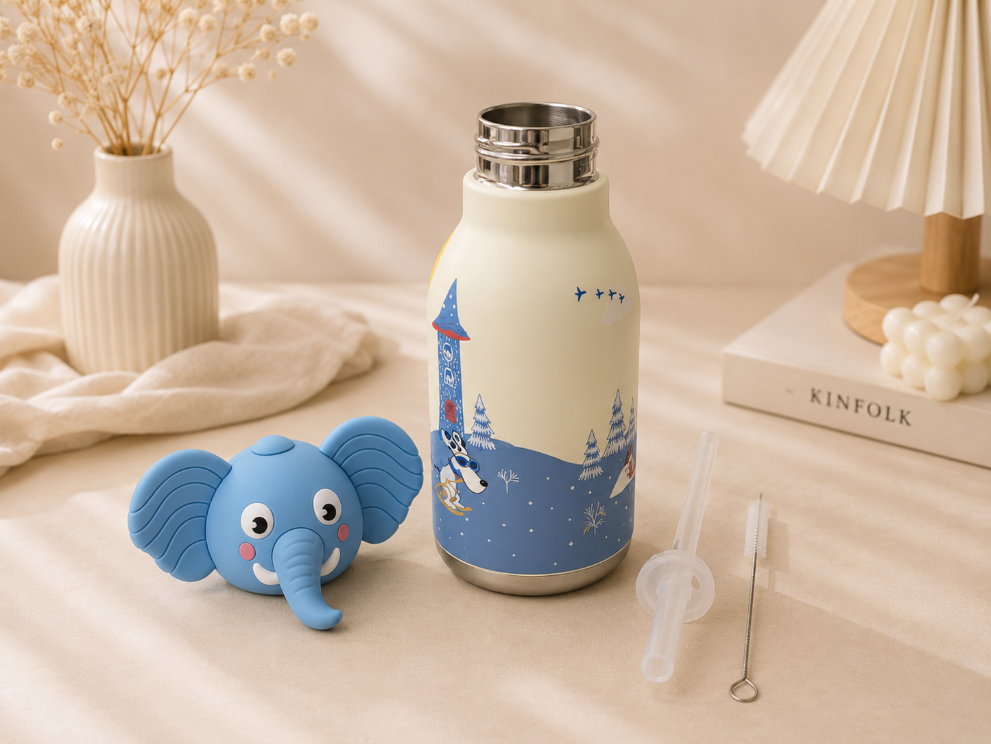 AFRESH 365 Animal Head Collection Elephant Stainless Steel Vacuum Insulated Water Bottle 450ml (16oz) with Straw & Cleaning Brush With 4 Colour Variants