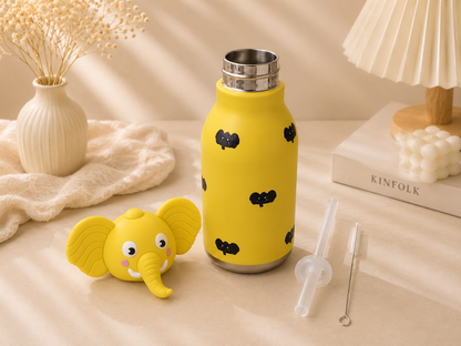 AFRESH 365 Animal Head Collection Elephant Stainless Steel Vacuum Insulated Water Bottle 450ml (16oz) with Straw & Cleaning Brush With 4 Colour Variants