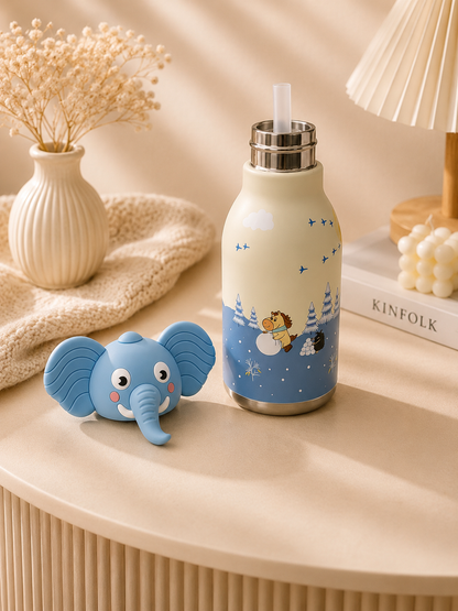 AFRESH 365 Animal Head Collection Elephant Stainless Steel Vacuum Insulated Water Bottle 450ml (16oz) with Straw & Cleaning Brush With 4 Colour Variants