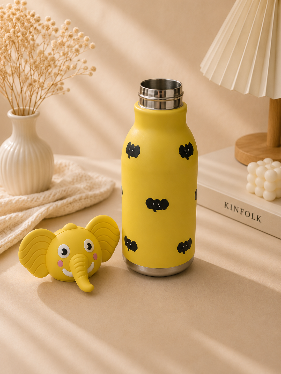 AFRESH 365 Animal Head Collection Elephant Stainless Steel Vacuum Insulated Water Bottle 450ml (16oz) with Straw & Cleaning Brush With 4 Colour Variants