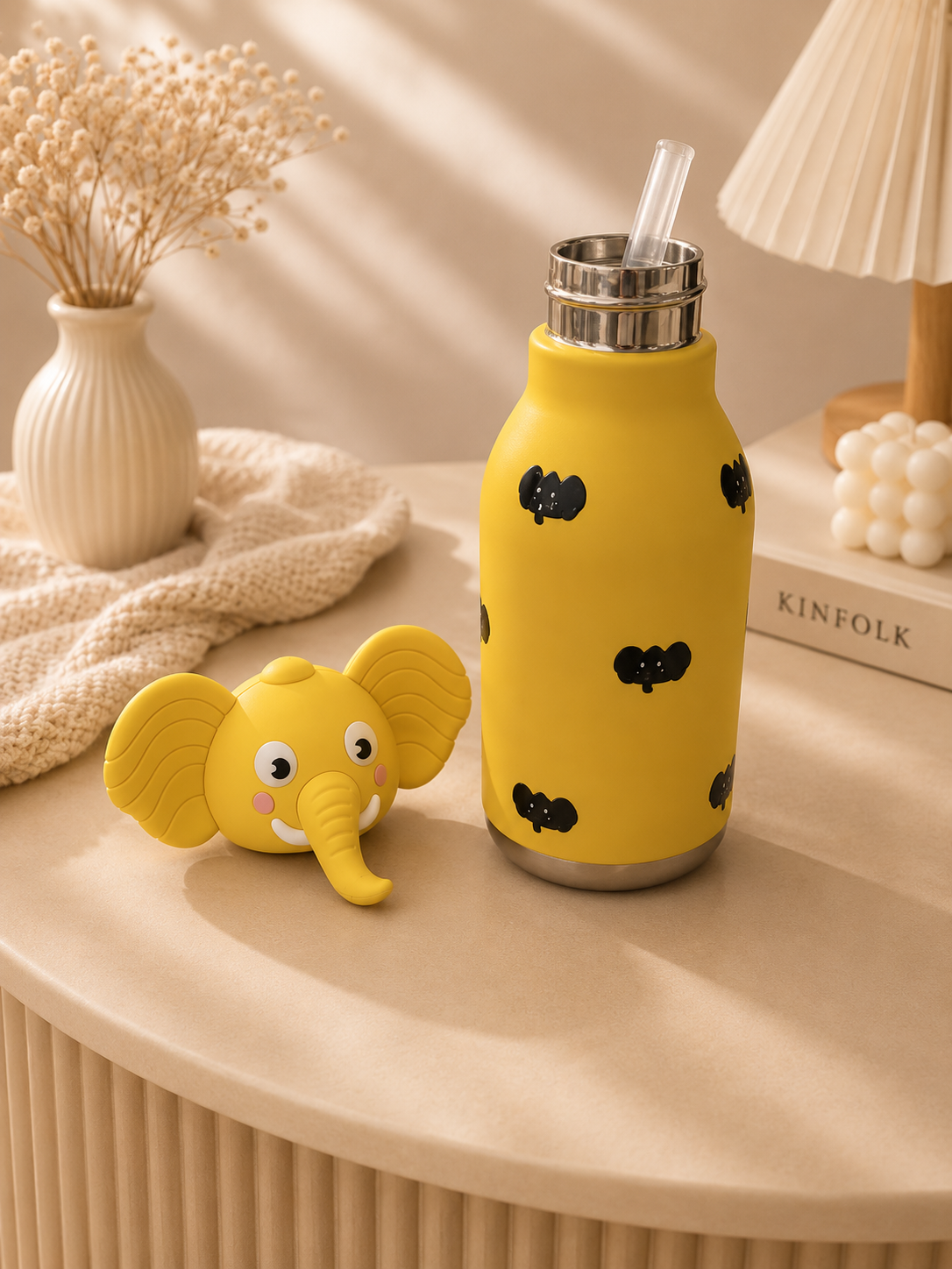 AFRESH 365 Animal Head Collection Elephant Stainless Steel Vacuum Insulated Water Bottle 450ml (16oz) with Straw & Cleaning Brush With 4 Colour Variants