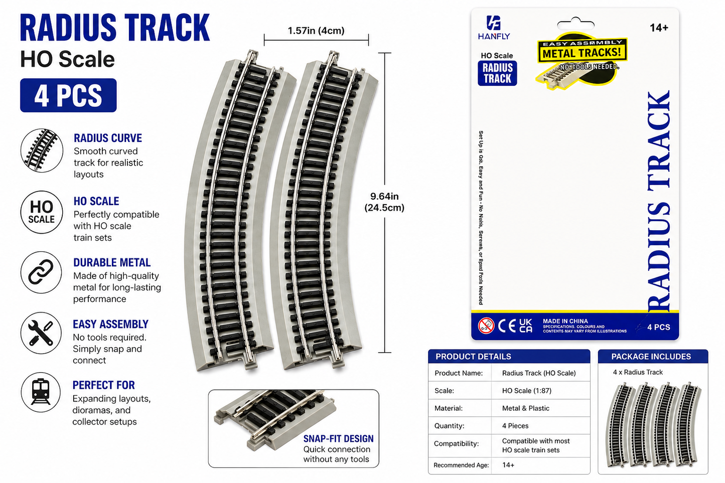 HANFLY R4 66701 HO Scale Radius Curved Track Set (4 Pieces)  | Metal Railway Track for HO Model Train Layouts