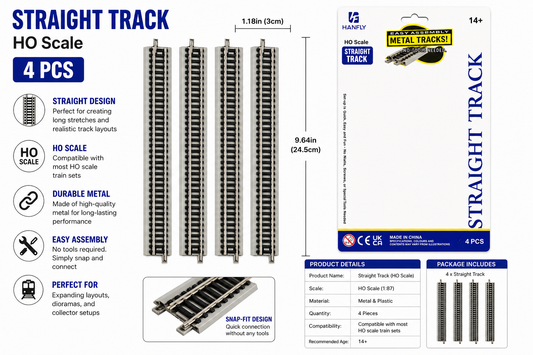 HANFLY G1 66700 HO Scale Straight Track Set (4 Pieces) | Metal Model Railway Track for HO Train Layouts