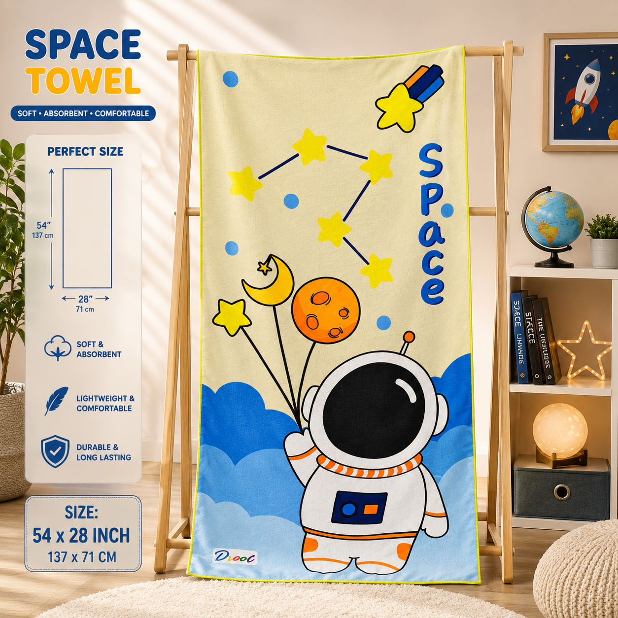Space Astronaut Quick Dry Beach Towel 54 x 28 Inch | Super Soft & Absorbent Microfiber Towel for Kids, Beach, Pool, Gym & Travel