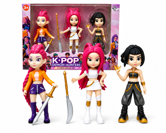 K-Pop Demon Hunters Action Figure Set for Kids – 3 Piece Anime Style Collectible Doll Toy Set with Accessories