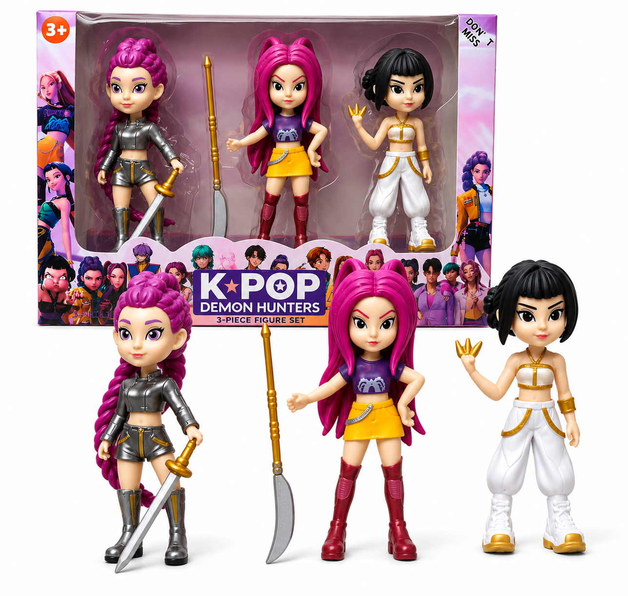 K-Pop Demon Hunters Action Figure Set for Kids – 3 Piece Anime Style Collectible Doll Toy Set with Accessories