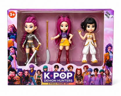 K-Pop Demon Hunters Action Figure Set for Kids – 3 Piece Anime Style Collectible Doll Toy Set with Accessories