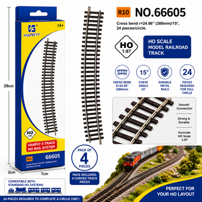 Hanfly HO Scale Curved Train Track R10 No.66605 | 1:87 Model Railway Track | 15° Curve Section | Pack of 4 Pieces