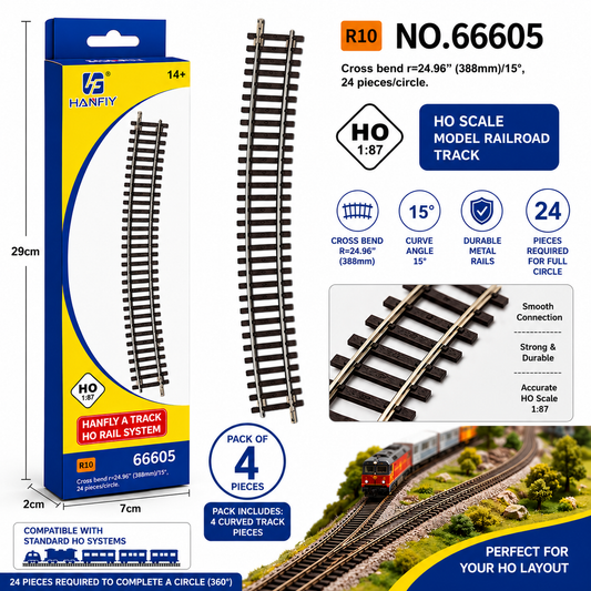 Hanfly HO Scale Curved Train Track R10 No.66605 | 1:87 Model Railway Track | 15° Curve Section | Pack of 4 Pieces