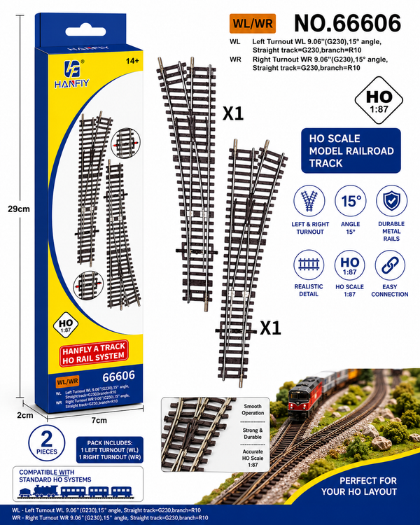 Hanfly HO Scale Left & Right Turnout Track No.66606 | 1:87 Model Railway Switch Track Set | WL/WR Turnout | Pack of 2 Pieces