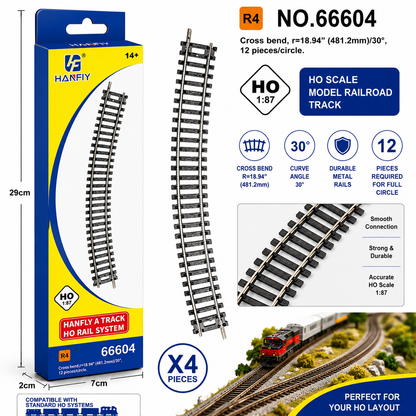 Hanfly HO Scale Curved Train Track R4 No.66604 | 1:87 Model Railway Curve Track | 30° Curve Section | Pack of 4 Pieces