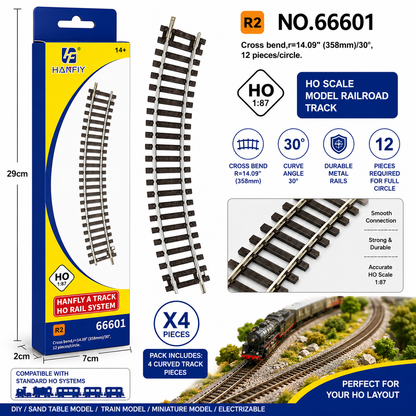 Hanfly HO Scale Curved Train Track R2 No.66601 | 1:87 Model Railway Curve Track | 30° Curved Rail Section | Pack of 4 Pieces