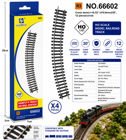 Hanfly HO Scale Curved Train Track R3 No.66602 | 1:87 Model Railway Curve Track | 30° Curved Rail Section | Pack of 4 Pieces