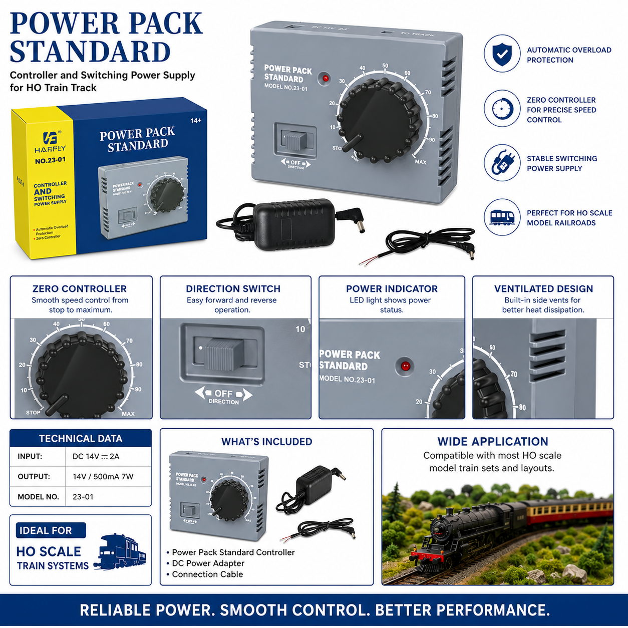 HANFLY No.23-01 HO Train Track Power Pack Standard Controller | Variable Speed Model Railway Power Supply with Direction Control