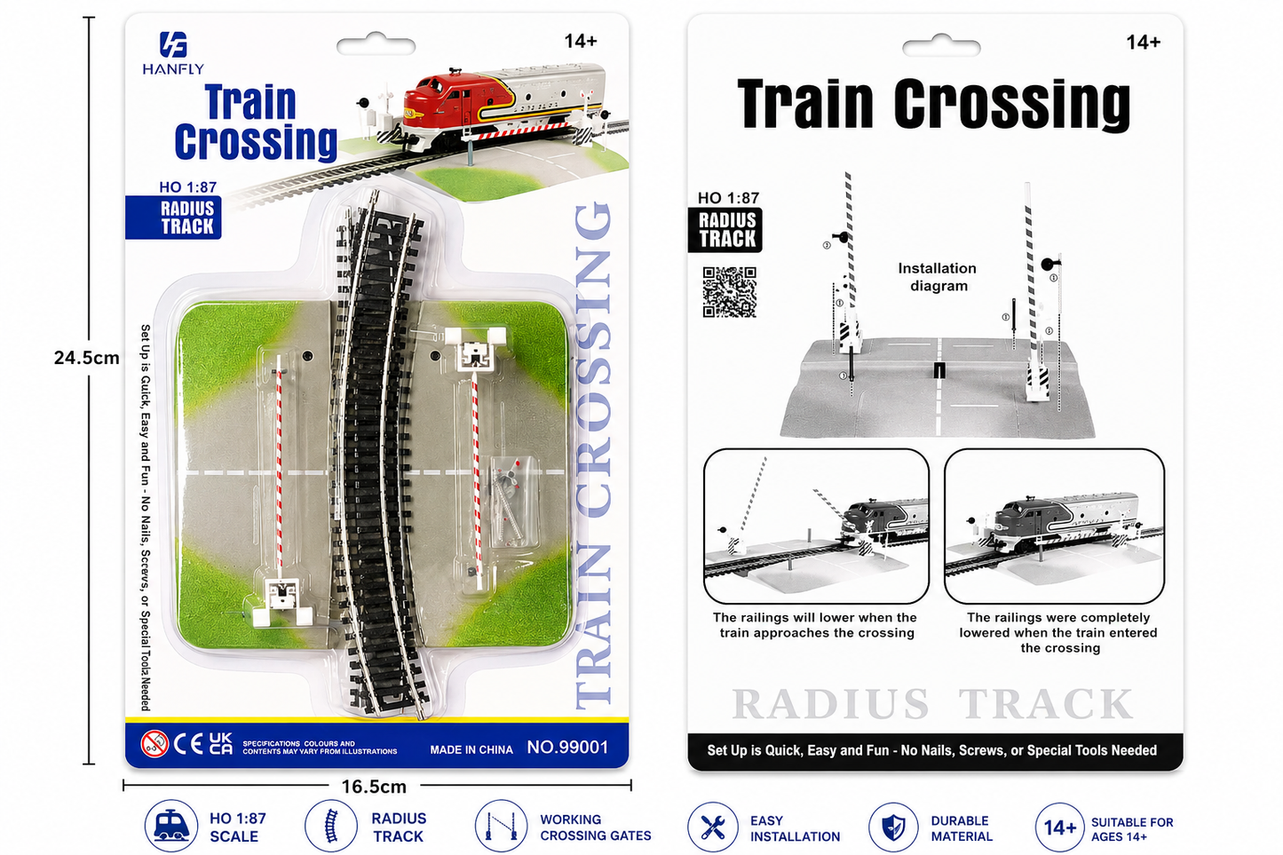 HANFLY HO Scale Train Crossing Set No.99001 | Railway Crossing Track with Working Crossing Gates | HO 1:87 Model Railroad Accessory