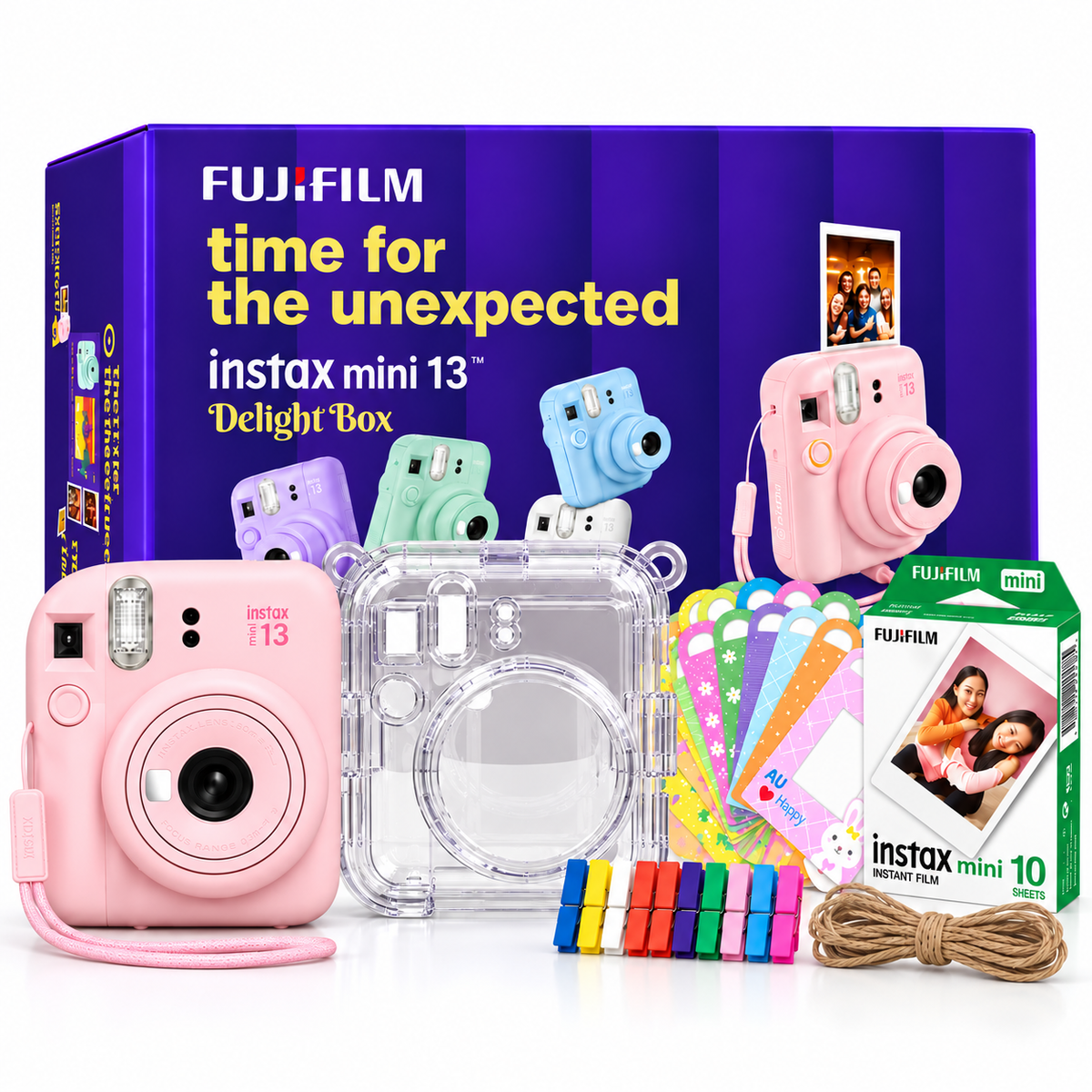 Fujifilm Instax Mini 13 Delight Box – Instant Camera Bundle with Instax Mini Film (10 Sheets), Crystal Carry Case & Photo Bunting – Candy Pink