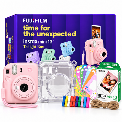 Fujifilm Instax Mini 13 Delight Box – Instant Camera Bundle with Instax Mini Film (10 Sheets), Crystal Carry Case & Photo Bunting – Candy Pink
