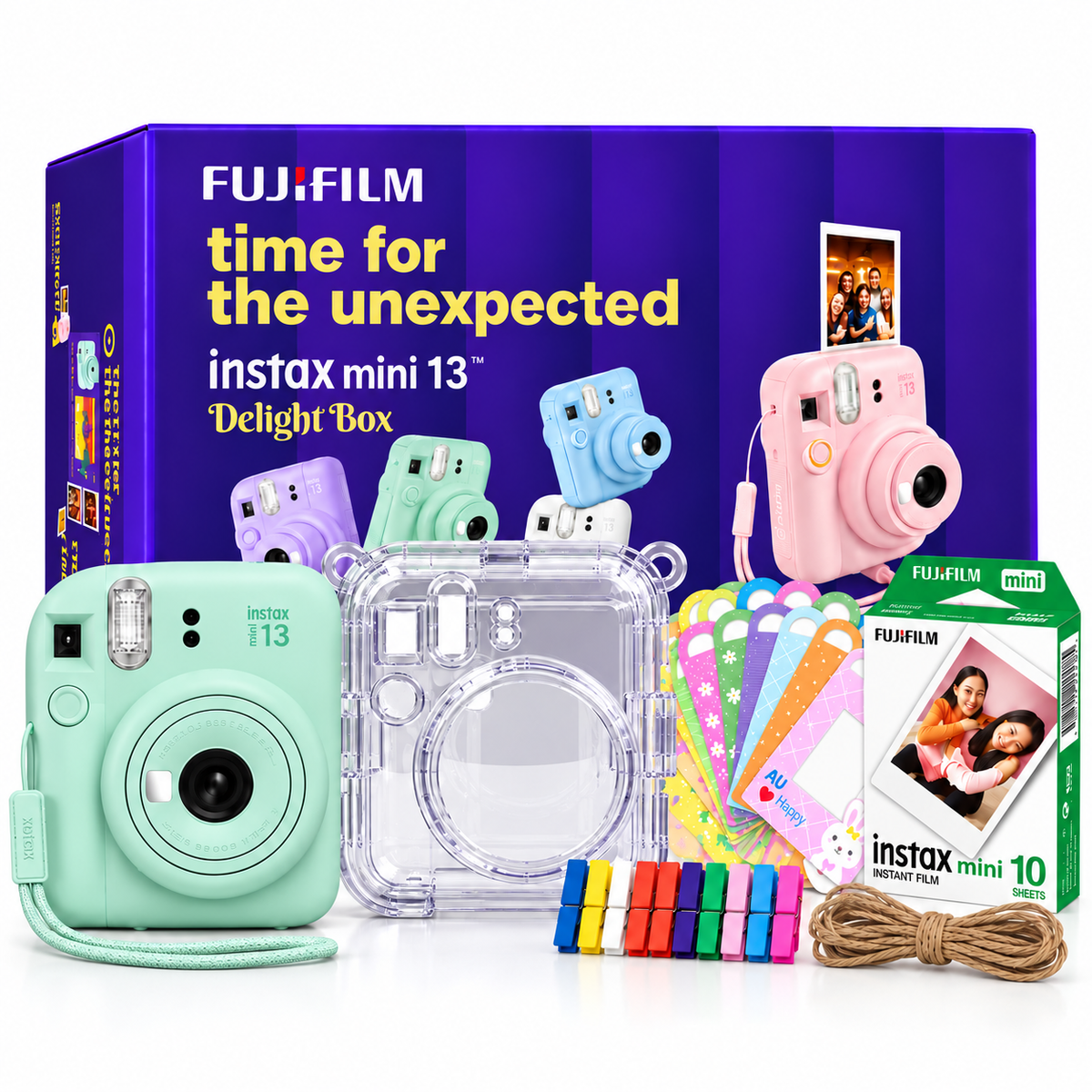 Fujifilm Instax Mini 13 Delight Box – Instant Camera Bundle with Instax Mini Film (10 Sheets), Crystal Carry Case & Photo Bunting – Lagoon Green