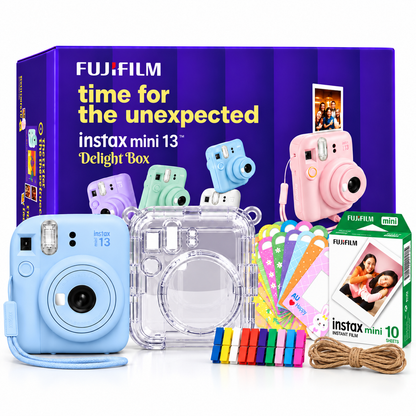 Fujifilm Instax Mini 13 Delight Box – Instant Camera Bundle with Instax Mini Film (10 Sheets), Crystal Carry Case & Photo Bunting – Frost Blue