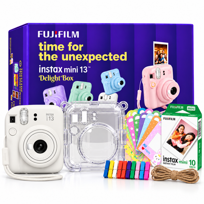 Fujifilm Instax Mini 13 Delight Box – Instant Camera Bundle with Instax Mini Film (10 Sheets), Crystal Carry Case & Photo Bunting – Clay White