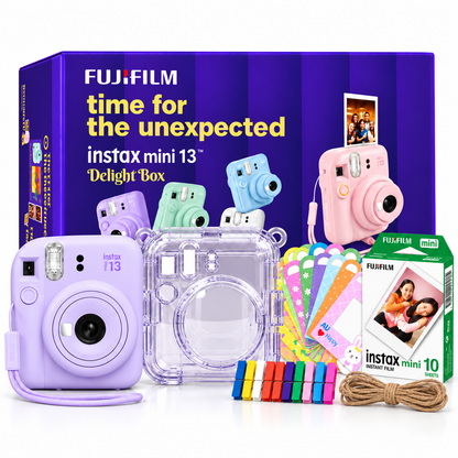 Fujifilm Instax Mini 13 Delight Box – Instant Camera Bundle with Instax Mini Film (10 Sheets), Crystal Carry Case & Photo Bunting – Dreamy Purple