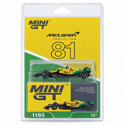 MINI GT 1:64 (Blister Pack) McLaren MCL38 #81 2024 F1 Monaco GP 2nd Place Oscar Piastri Die-Cast Model Car – 1165