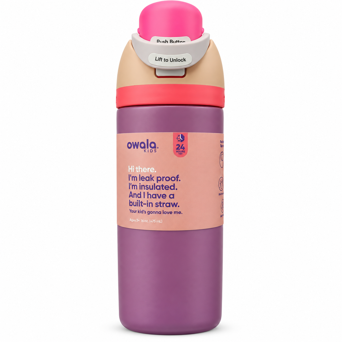 Owala Kids 475 ml (16 oz) Insulated Stainless Steel Water Bottle with Push-Button Lid, Built-In Straw, Leak-Proof Lock & 24-Hour Cold Retention – Ages 3+