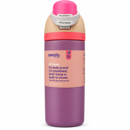 Owala Kids 475 ml (16 oz) Insulated Stainless Steel Water Bottle with Push-Button Lid, Built-In Straw, Leak-Proof Lock & 24-Hour Cold Retention – Ages 3+