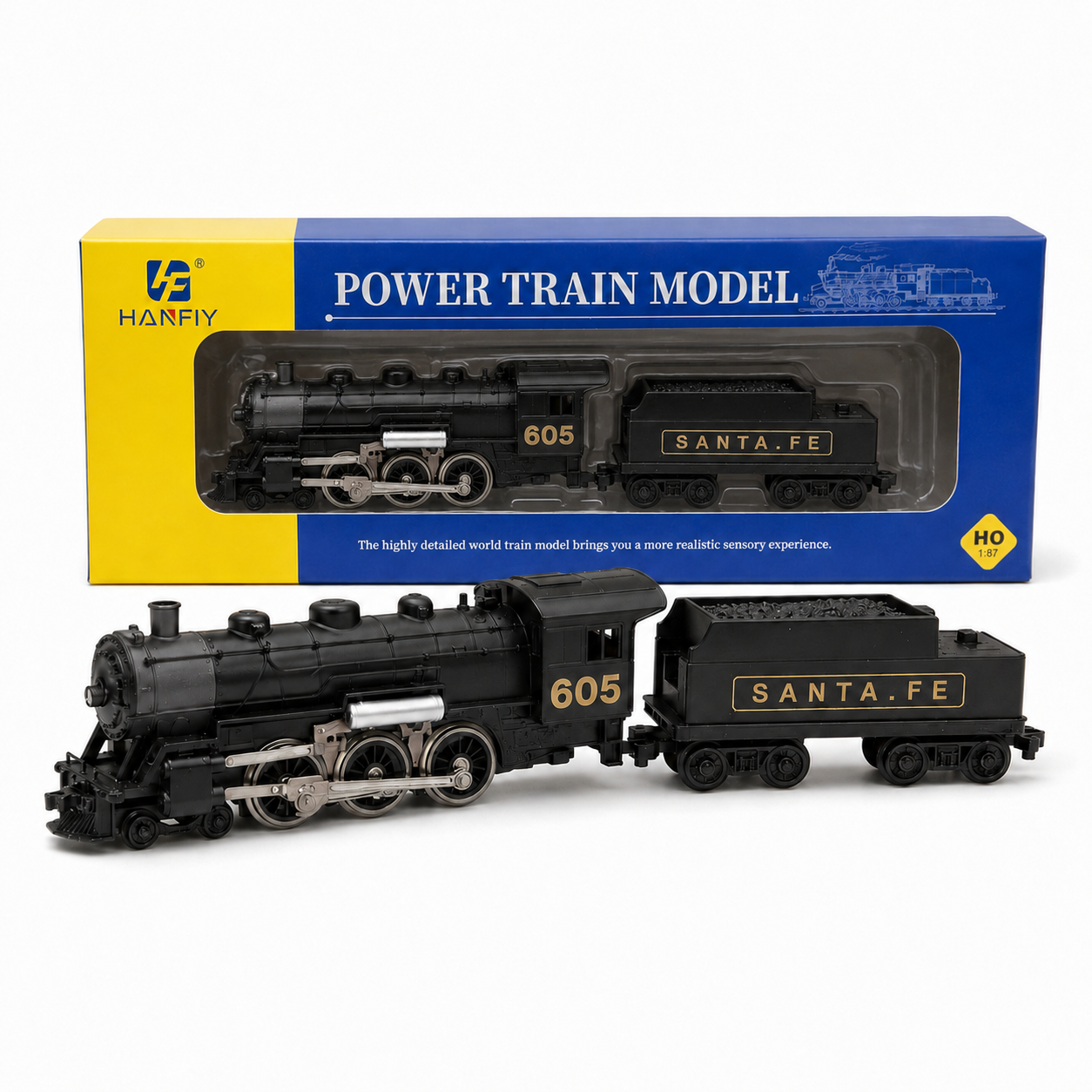 HANFIY HO 1:87 Santa Fe 605 Steam Locomotive & Tender Model | Detailed Collector Train for Ages 14+