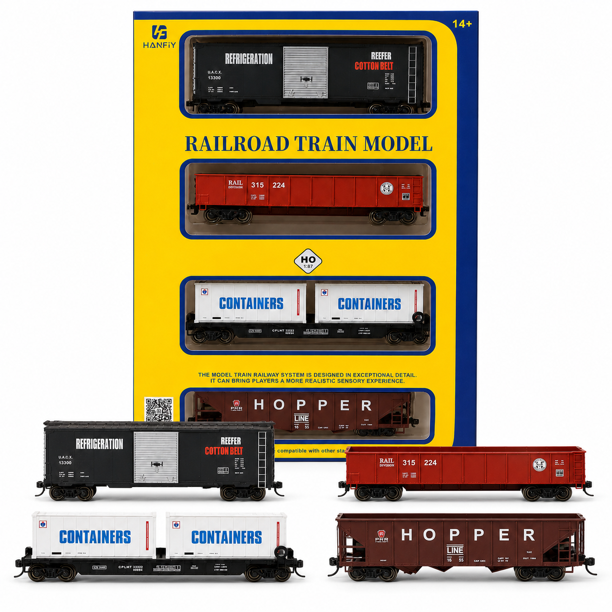 HANFIY 95019 HO 1:87 Railroad Freight Wagon Set – 4-Piece Model Train Cars, 14+